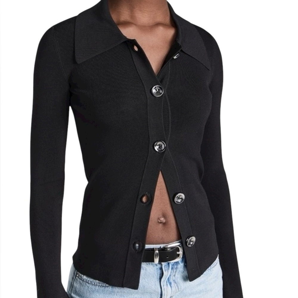 PISTOLA Joanne Ribbed Button Front Cardigan or Shirt Flared Sleeves in Black